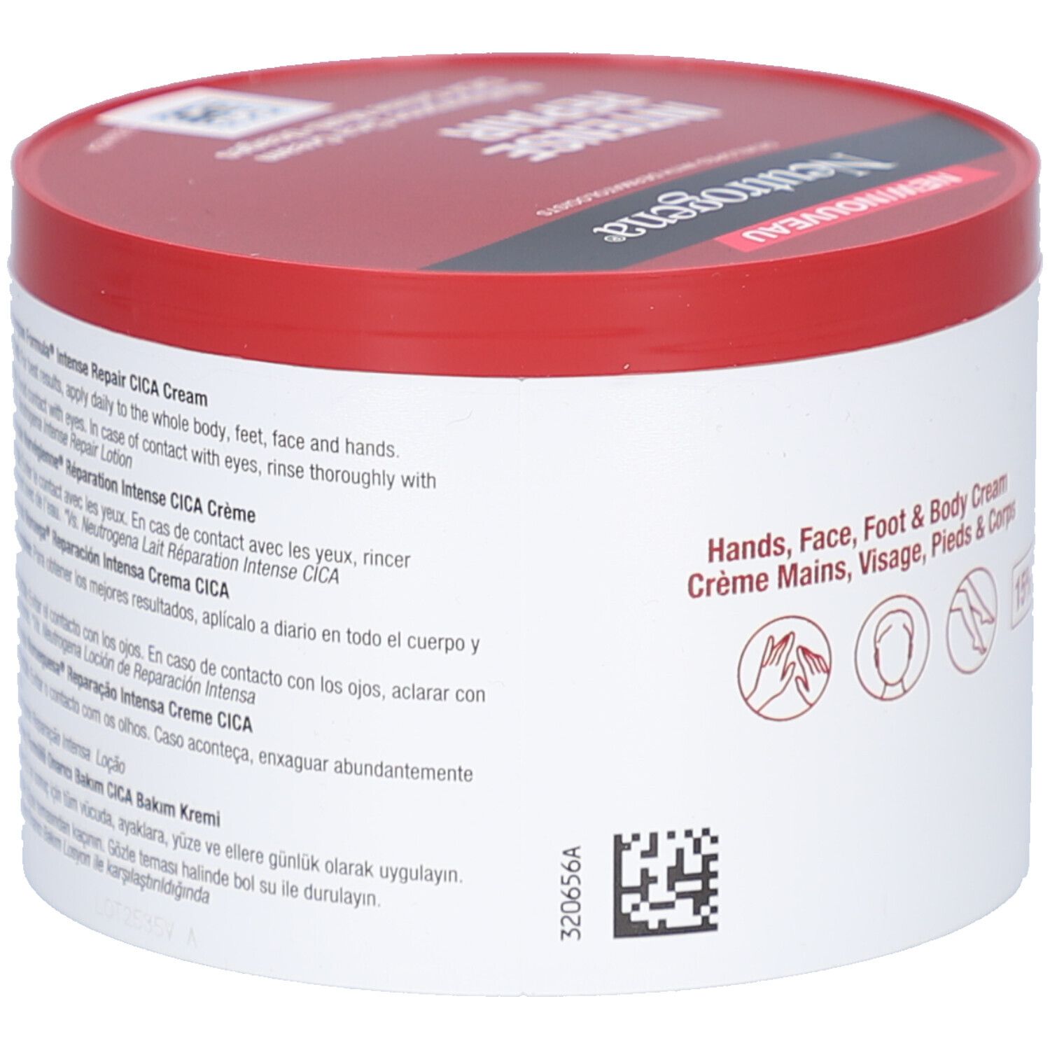 Pot blanc à couvercle rouge. Inscription : Neutrogena. Texte multilingue. Contient Intense Repair CICA Crème.