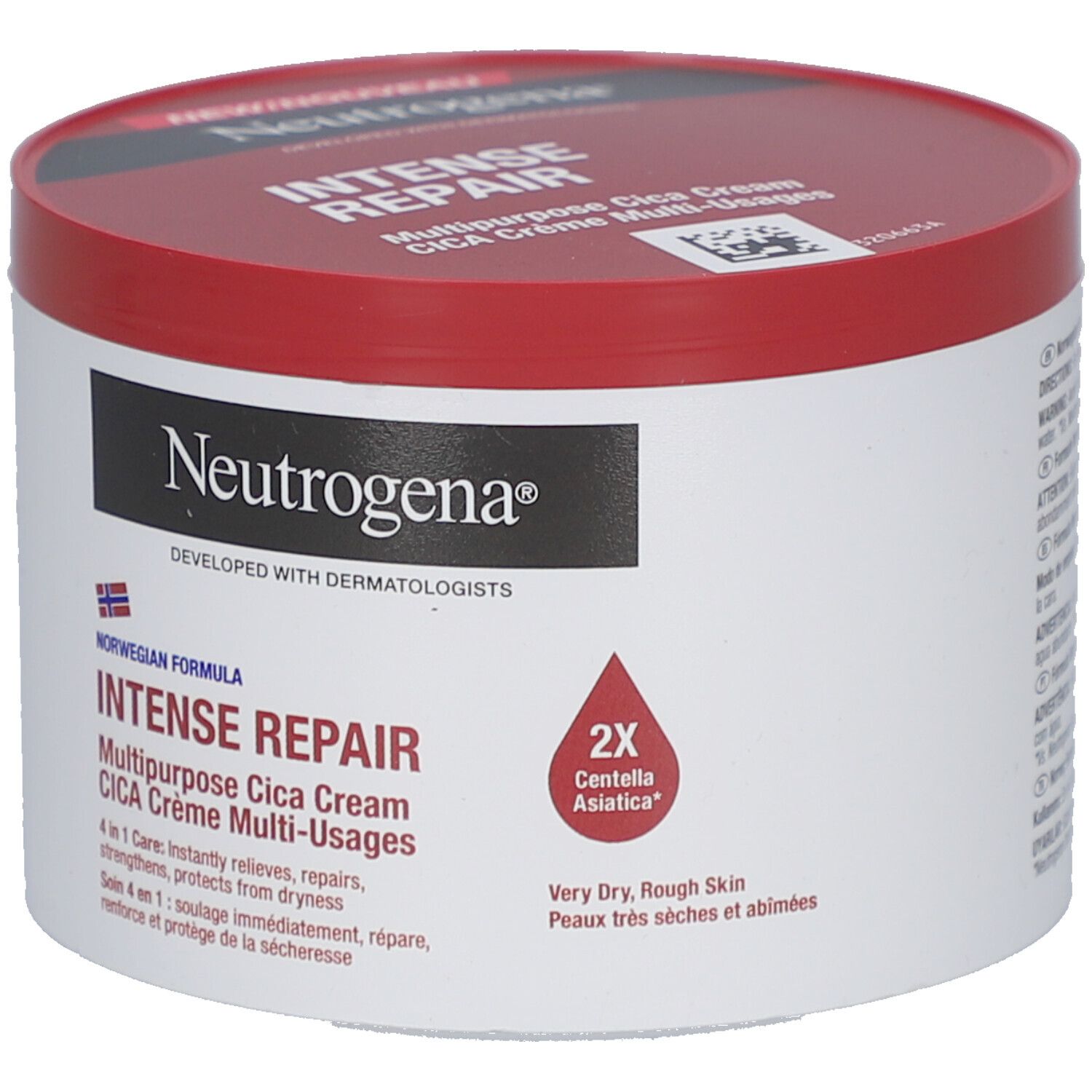 Pot rond à couvercle rouge. Inscription : Neutrogena, Intense Repair. Contient Cica Cream. Pour peaux très sèches.