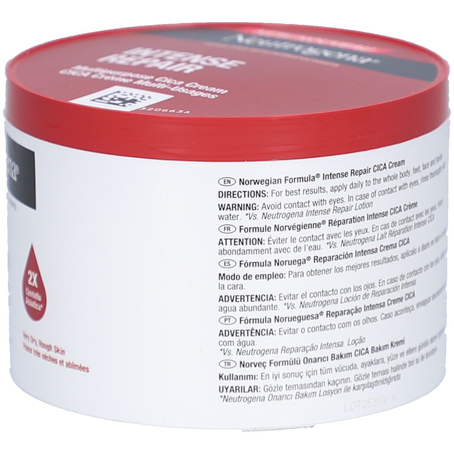 Pot blanc à couvercle rouge. Inscription : Neutrogena. Texte multilingue. Contient Intense Repair CICA Crème.