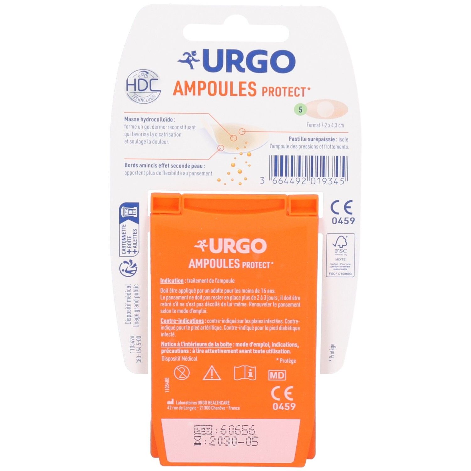Dos de l'emballage URGO Ampoules Protect avec informations produit et marquage CE.