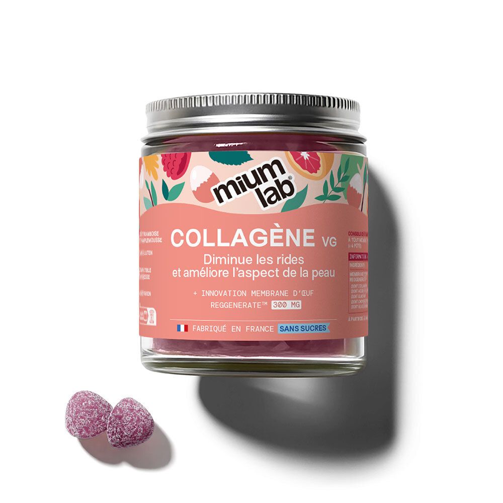 Bocal de gummies au collagène Mium Lab, design fruits rouges et agrumes. Deux gummies à côté.