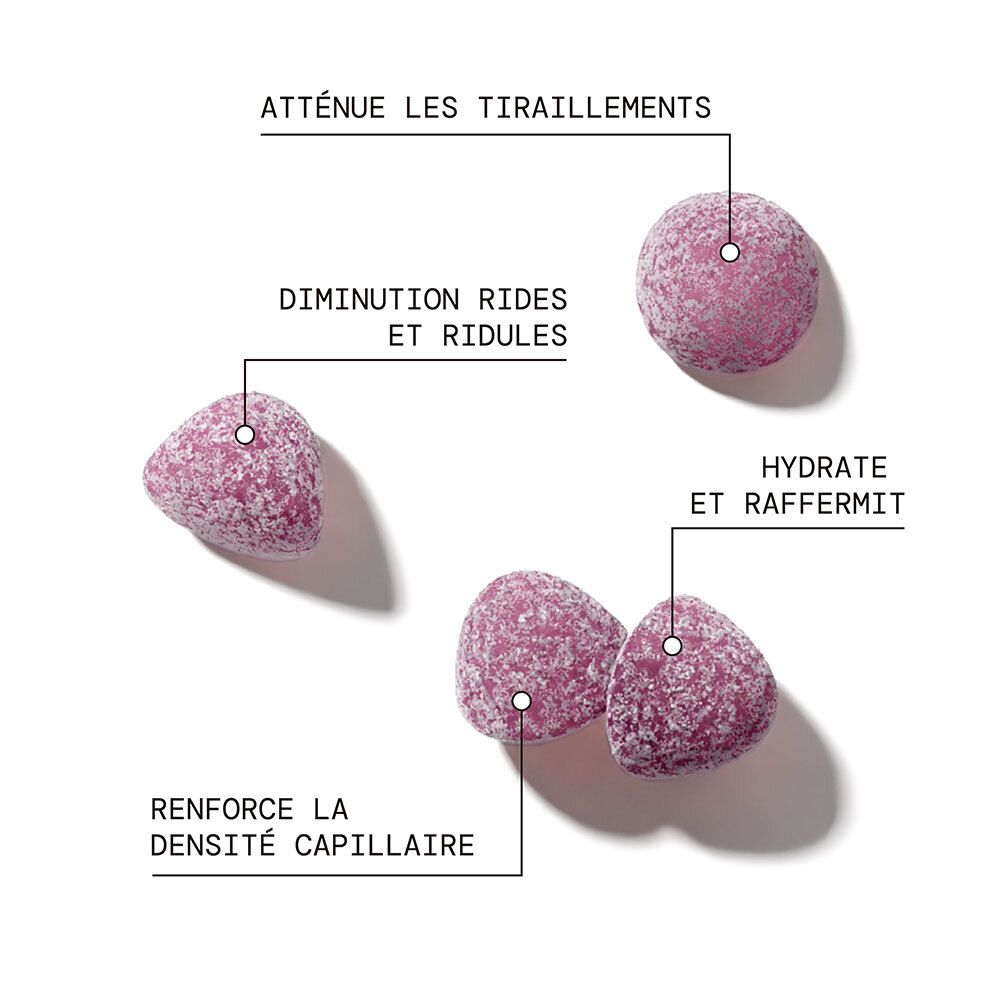 Trois gummies au collagène Mium Lab avec étiquettes décrivant les bienfaits pour la peau et les cheveux.