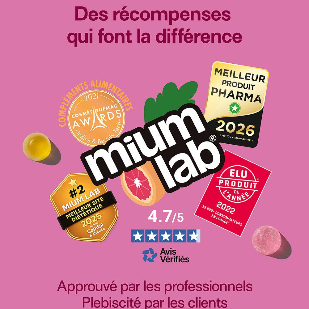 Récompenses Mium Lab : Meilleur Produit Pharma, Élu Produit de l'Année, Awards, Meilleur Site Diététique.