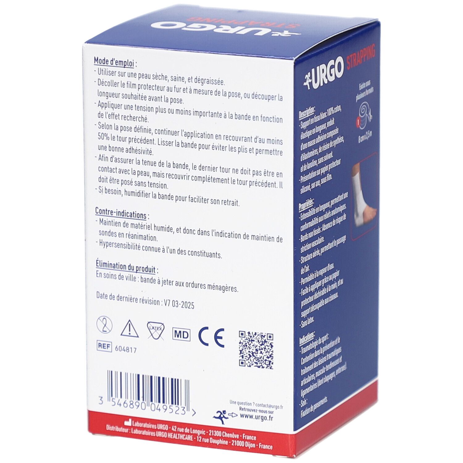 Dos de la boîte. URGO STRAPPING. Mode d'emploi, contre-indications, élimination. Marquage CE. Date de péremption.