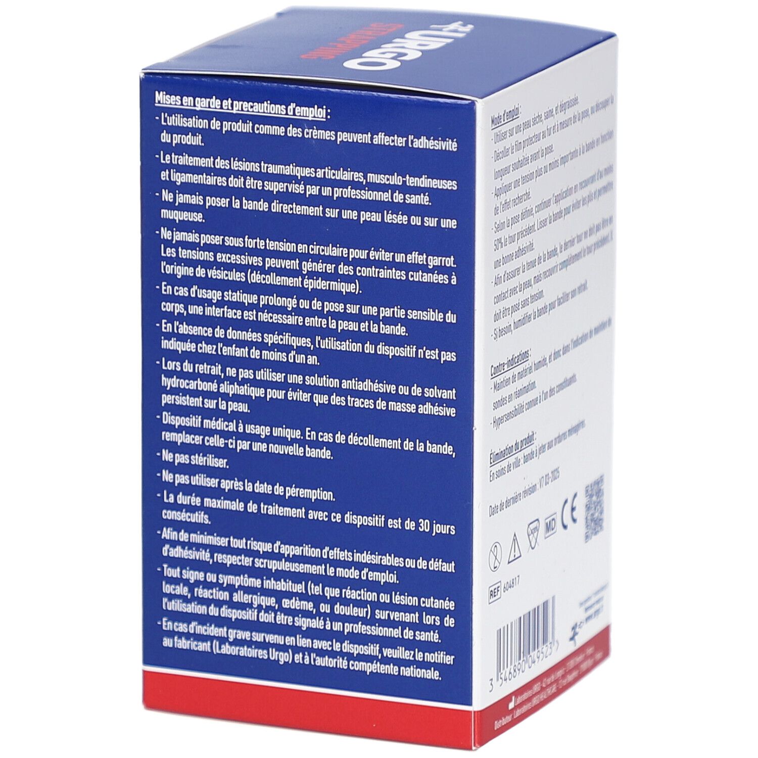 Dos de la boîte. URGO STRAPPING. Précautions, avertissements. Dispositif médical. Code QR.
