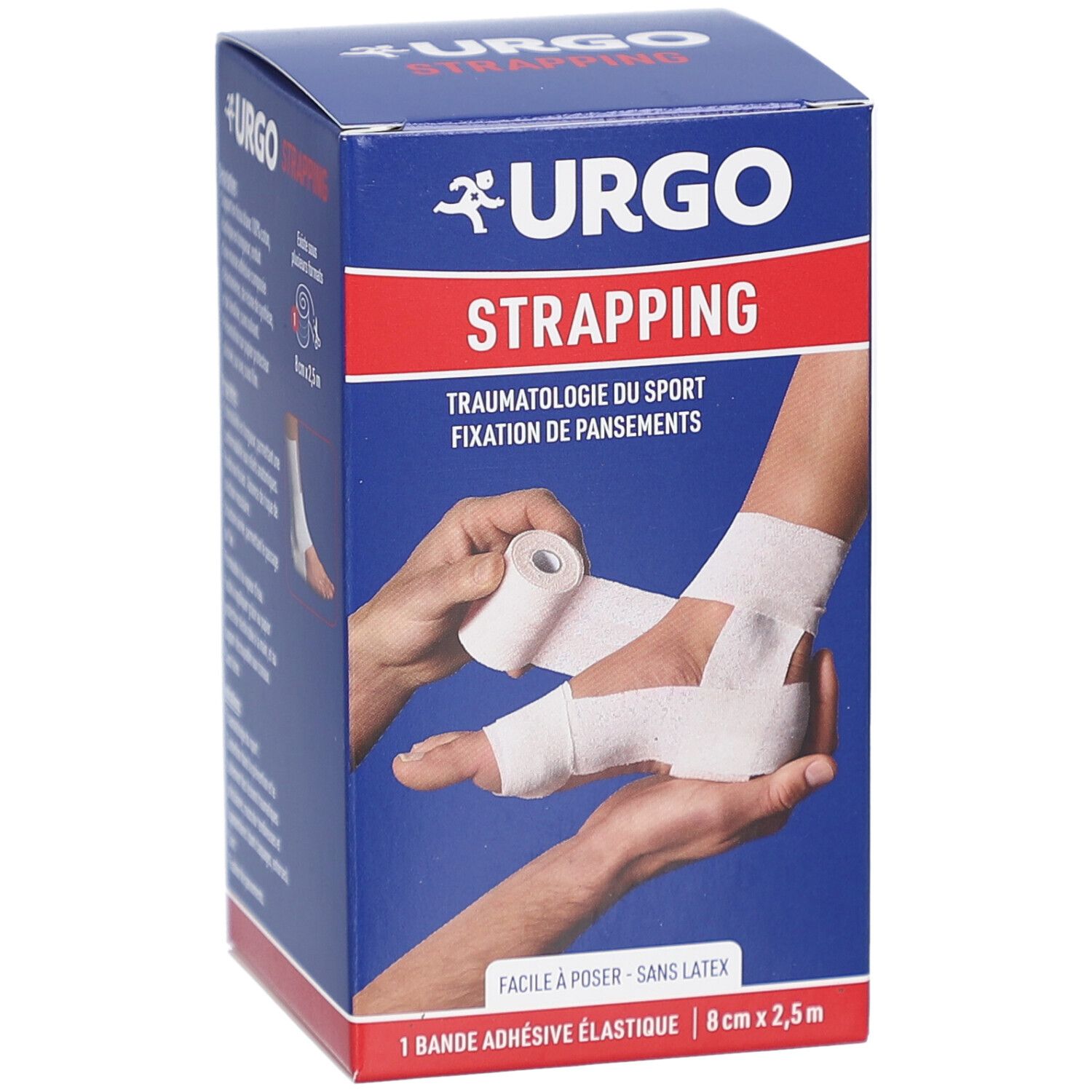 Boîte bleue et blanche. URGO STRAPPING, bande adhésive élastique. Application sur un pied. 8cm x 2,5m. Sans latex.
