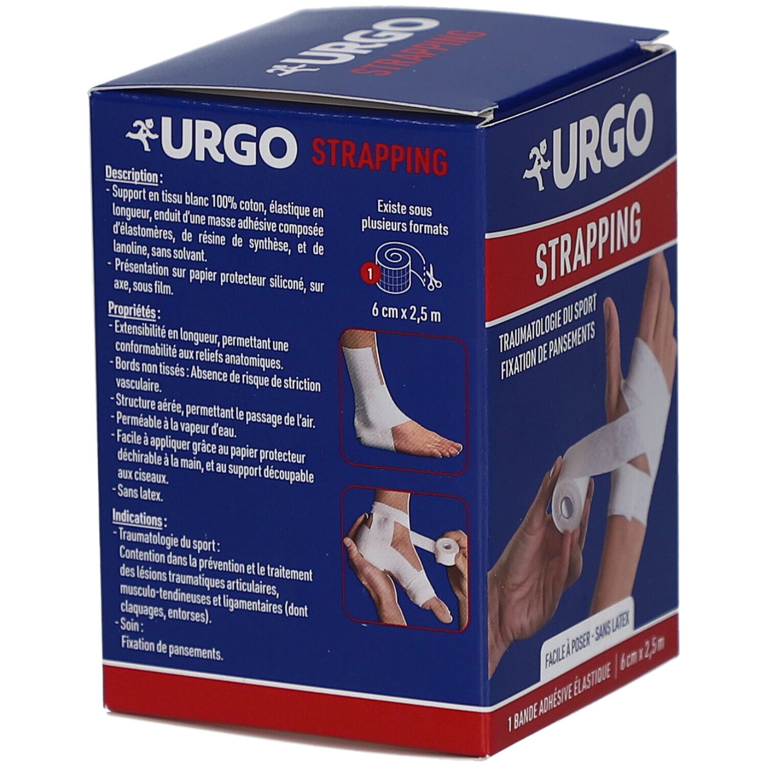 Boîte bleue et blanche URGO Strapping. Illustrations: pied et main bandés. 6cm x 2,5m. Texte: Traumatalogie du sport, Fixation de pansements. Facile à poser.