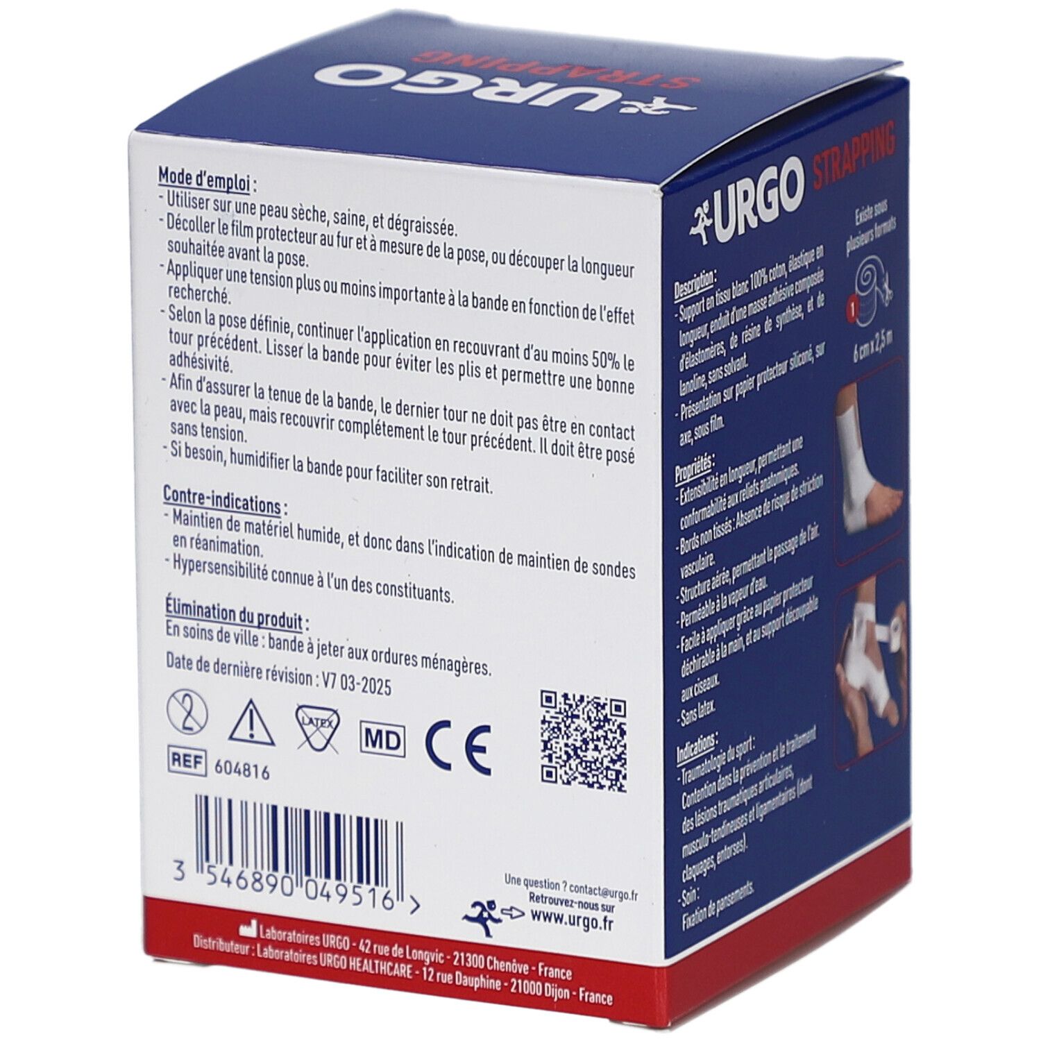 Dos de la boîte URGO Strapping. Texte et QR code. Marquage MD CE. Date de péremption: V7 03-2025. REF 604816.