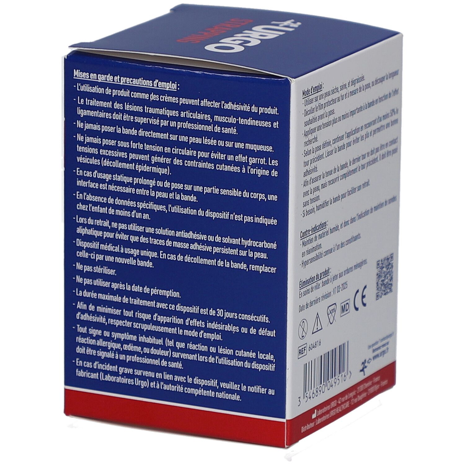 Dos de la boîte URGO Strapping. Texte. Marquage MD CE. Date de péremption: V7 03-2025. REF 604816. Mises en garde.