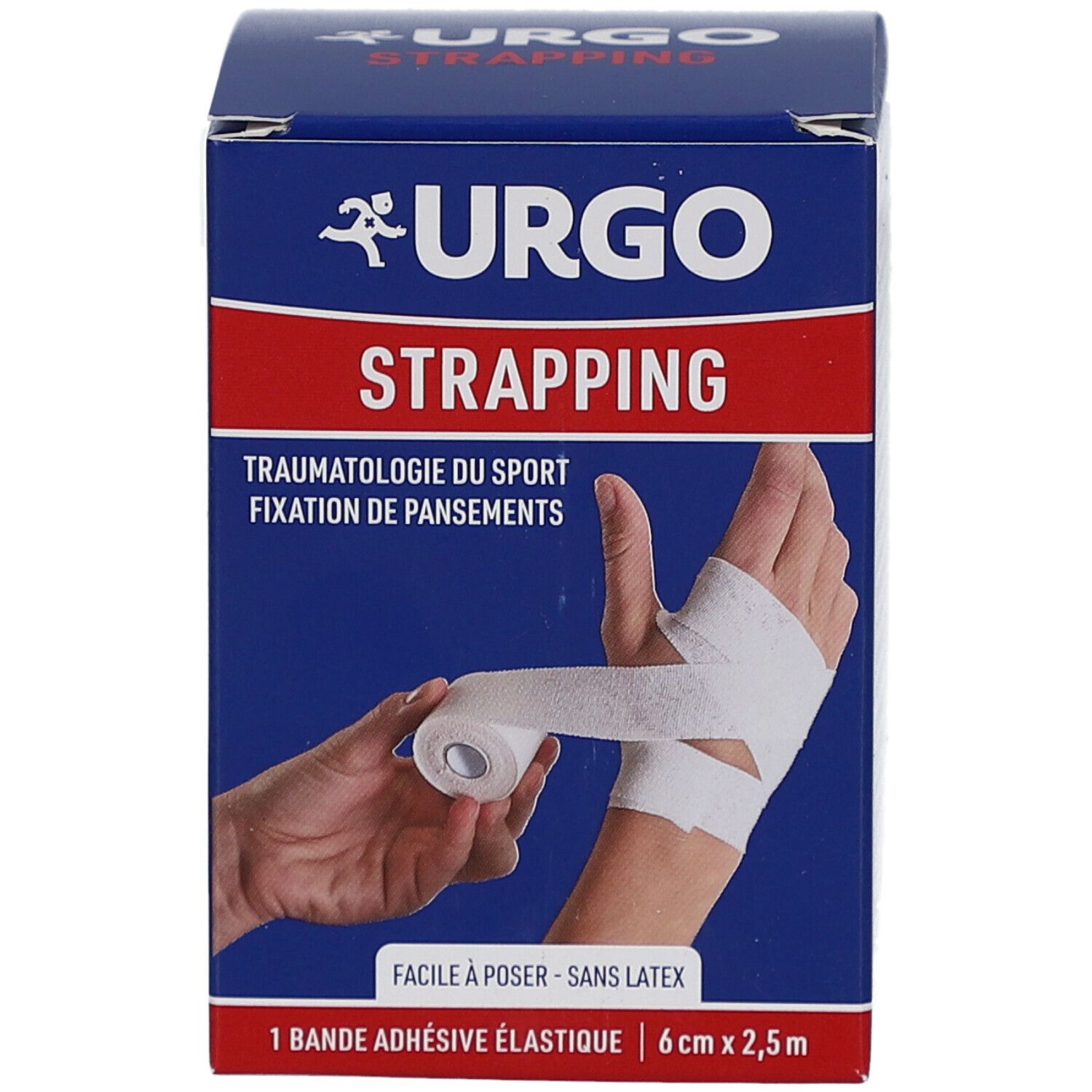 Boîte bleue et blanche URGO Strapping. Main bandée. 6cm x 2,5m. Texte: Traumatalogie du sport, Fixation de pansements. Facile à poser - sans latex.