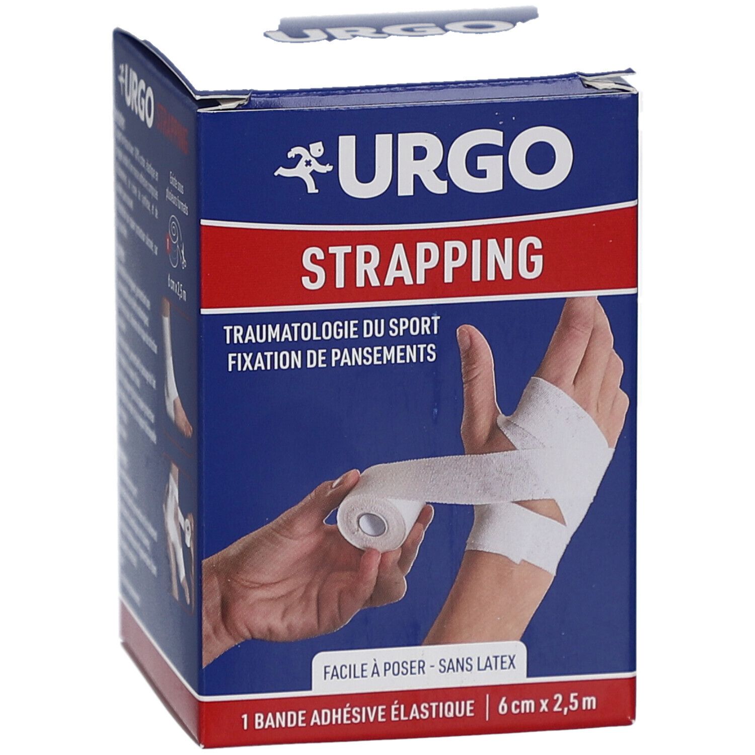 Boîte bleue et blanche URGO Strapping. Main bandée. 6cm x 2,5m. Texte: Traumatalogie du sport, Fixation de pansements. Facile à poser - sans latex.