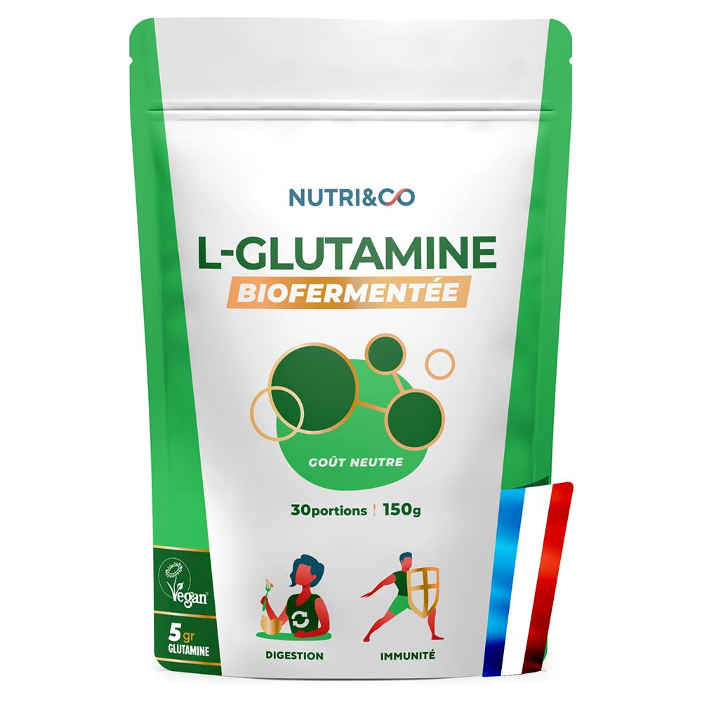 Sachet NUTRI&CO L-Glutamine, 150g, goût neutre, vegan, pour la digestion et l'immunité.