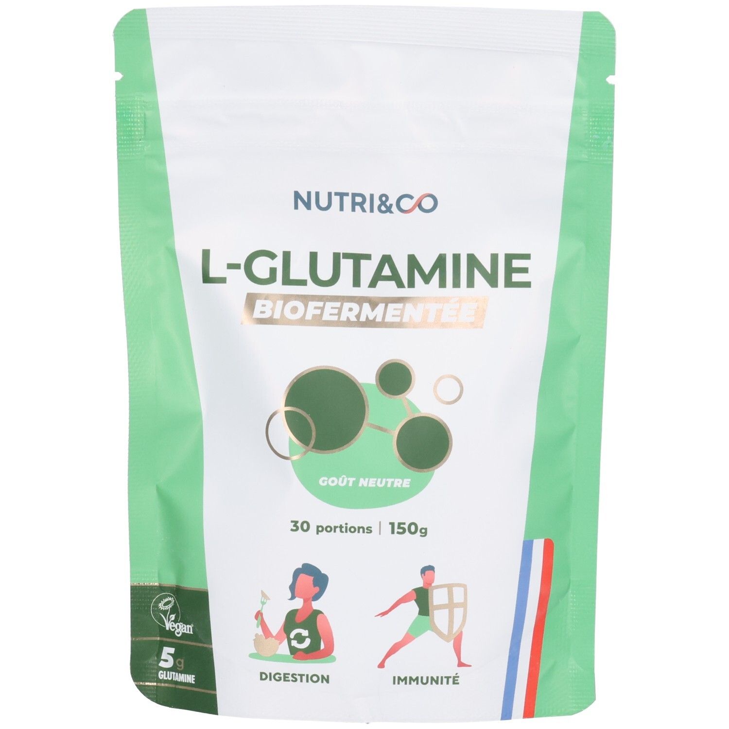 Sachet NUTRI&CO L-Glutamine. Design vert et blanc. Inscription : L-Glutamine, Biofermenté, 30 portions, 150g. Logo vegan.