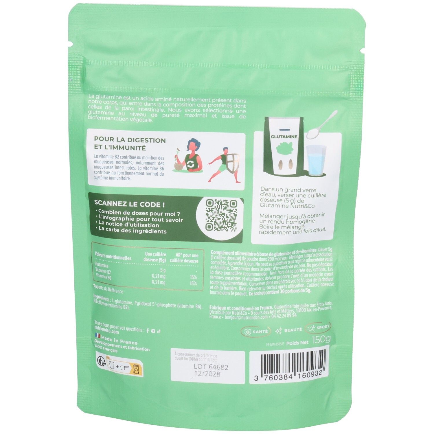 Dos du sachet. Texte et illustrations. Code QR. Informations nutritionnelles. Poids : 150g. Code-barres et logo.
