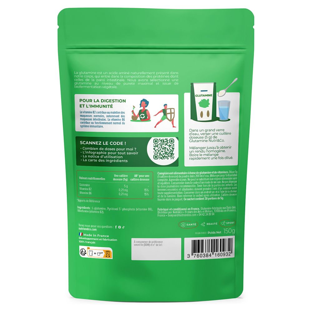 Dos du sachet NUTRI&CO L-Glutamine avec informations sur la digestion, l'immunité et la préparation.