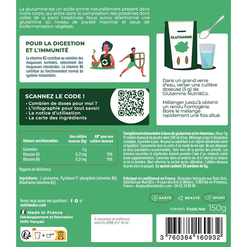 Dos du sachet NUTRI&CO L-Glutamine avec tableau nutritionnel, ingrédients et informations de fabrication.