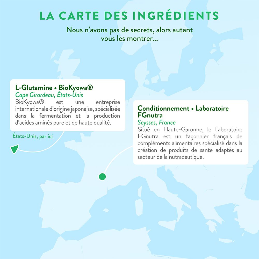 Carte des ingrédients : L-Glutamine BioKyowa des États-Unis, conditionnée par FGNutra en France.