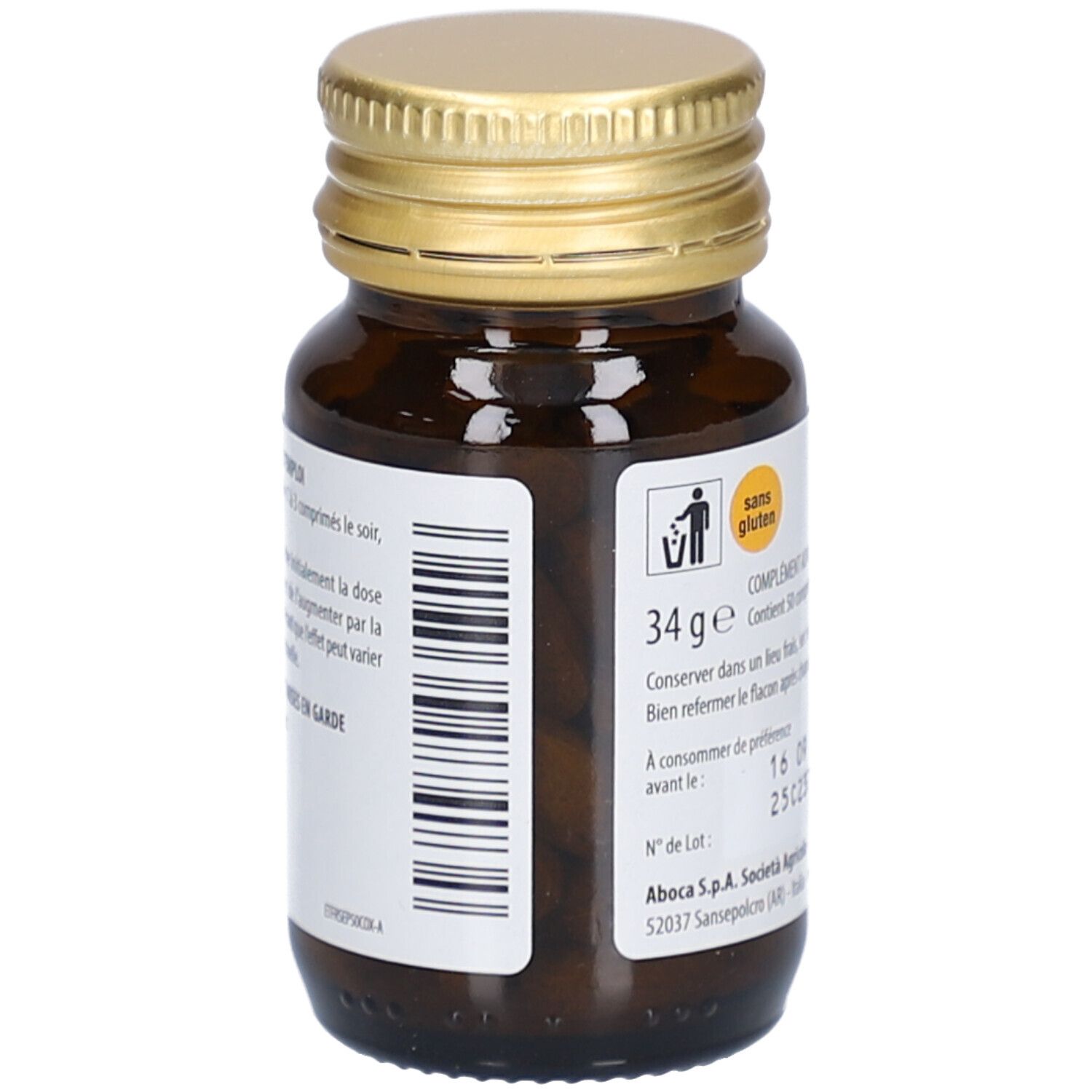 Flacon en verre brun, bouchon doré. Étiquette avec texte et code-barres. Sans gluten.