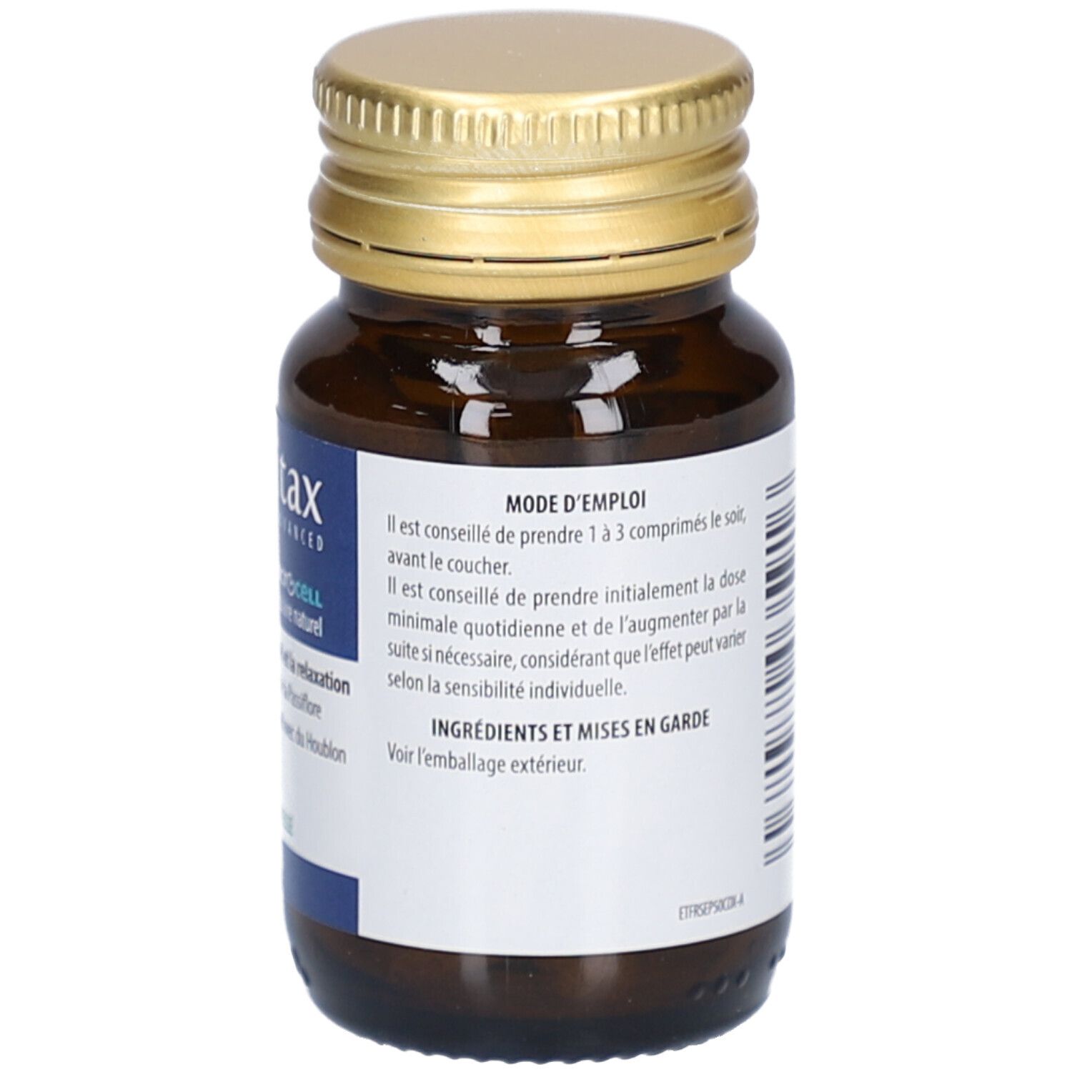 Flacon en verre brun, bouchon doré. Étiquette avec texte. Mode d'emploi. Ingrédients et précautions.