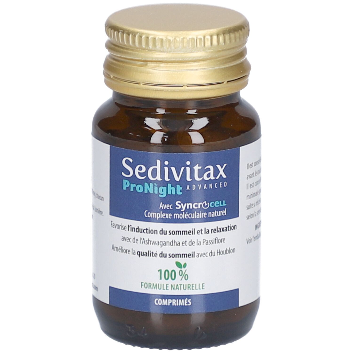 Flacon en verre brun, bouchon doré. Étiquette avec nom du produit Sedivitax ProNight. Formule 100% naturelle.