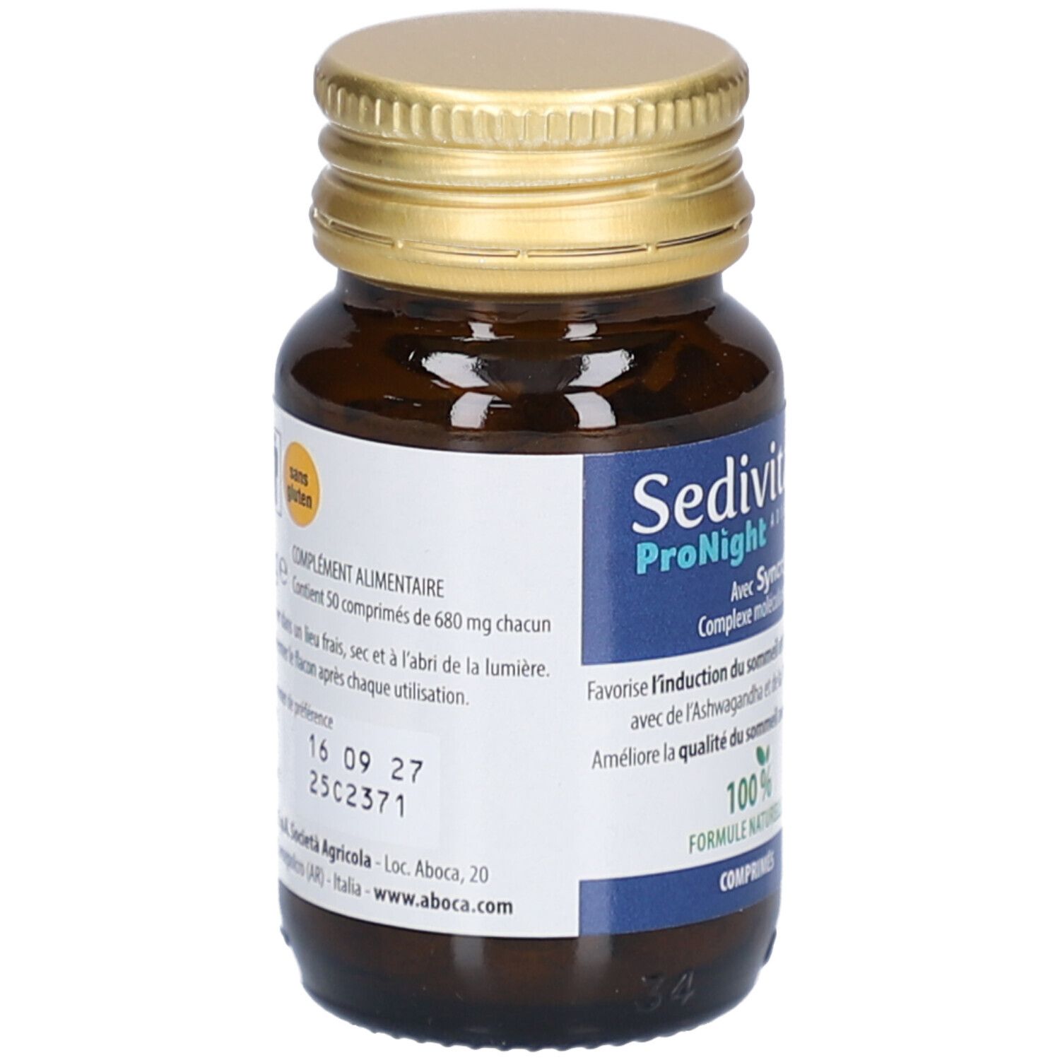 Flacon en verre brun, bouchon doré. Étiquette avec nom du produit Sedivitax ProNight. Formule 100% naturelle. Sans gluten.