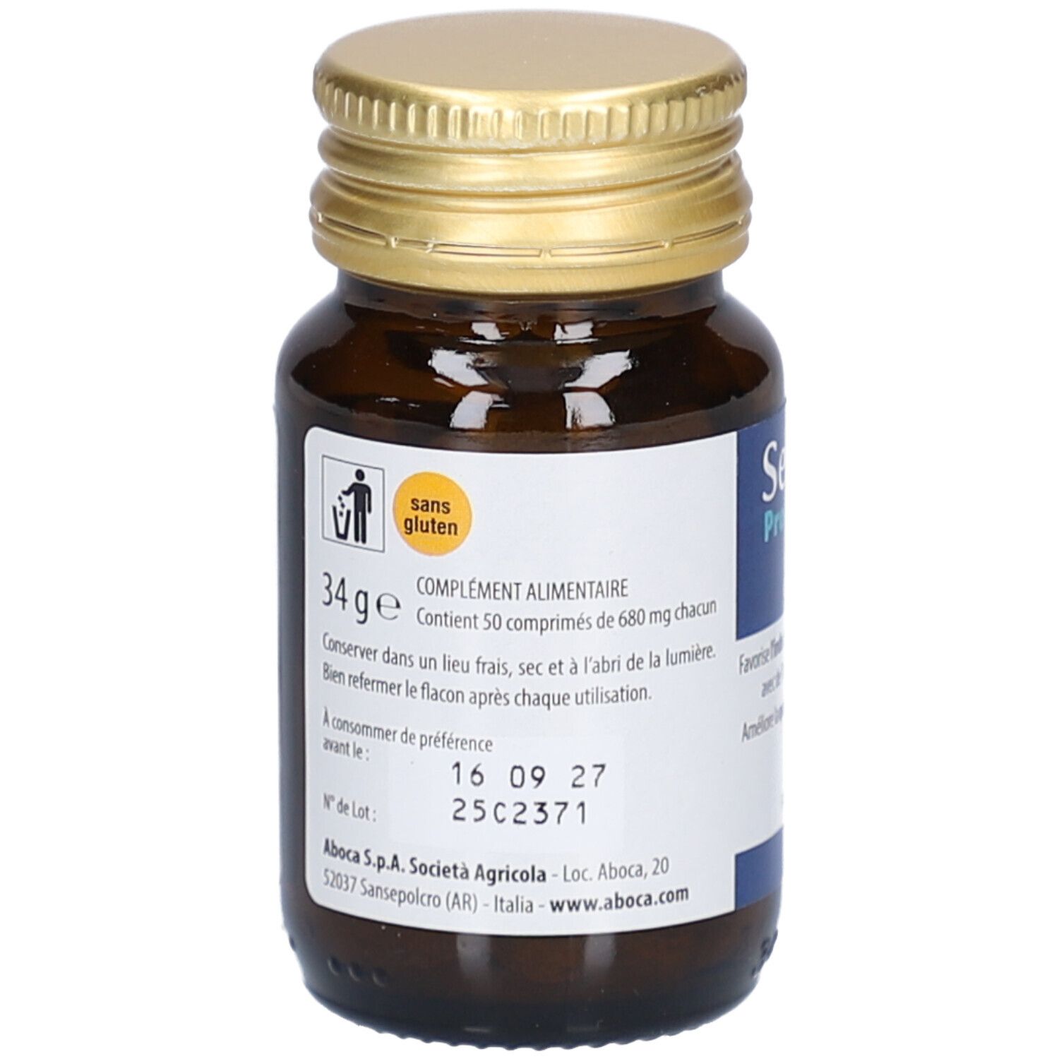 Flacon en verre brun, bouchon doré. Étiquette avec texte et logo. Sans gluten. Contient 50 comprimés.