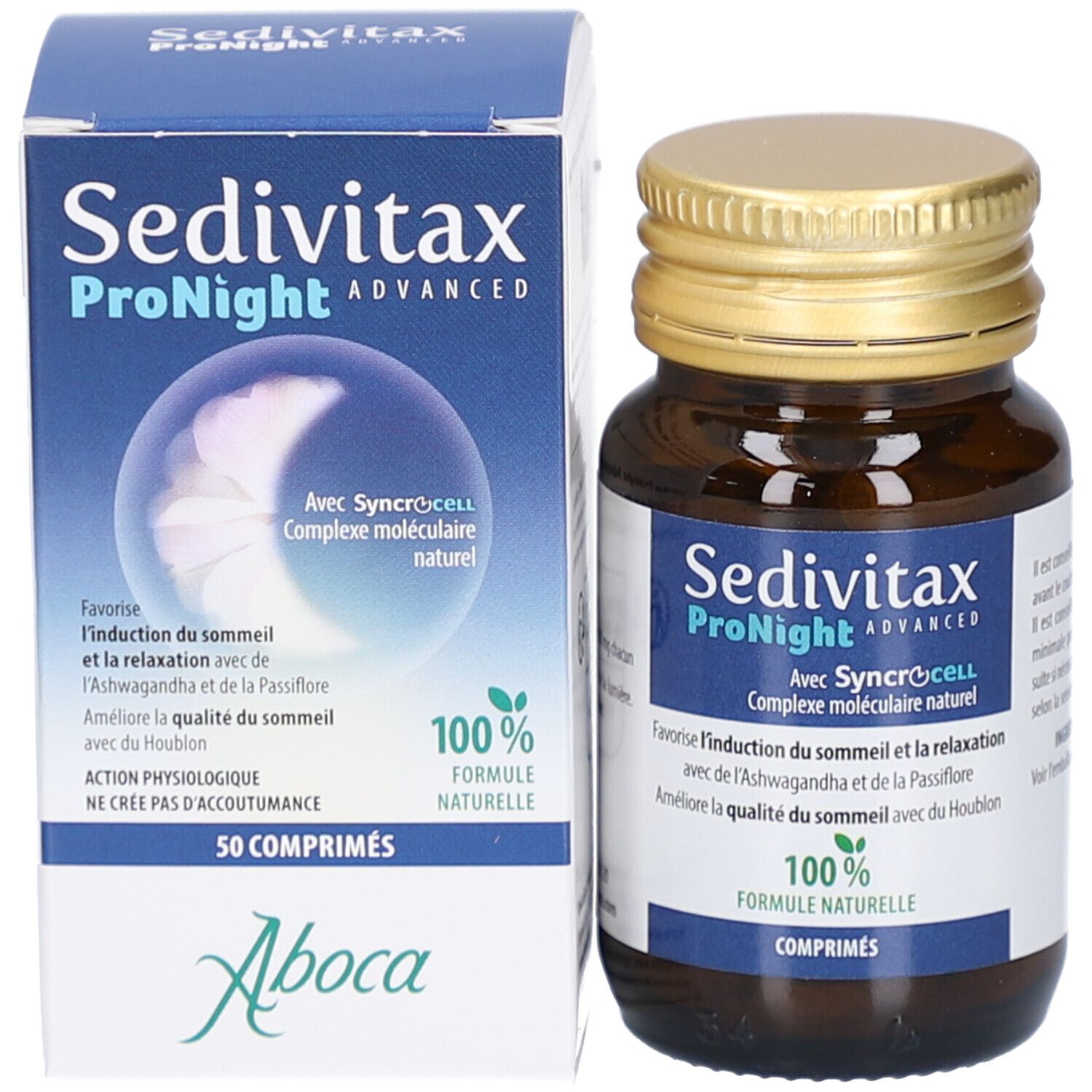 Produit Sedivitax ProNight et emballage. Flacon et boîte. 50 comprimés. Formule 100% naturelle. Logo Aboca.