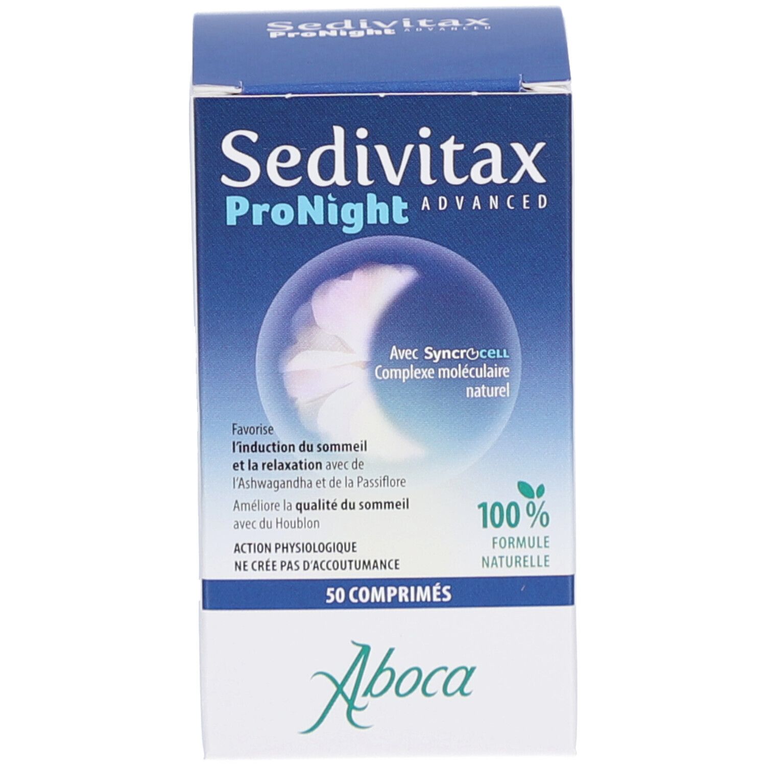Emballage du produit Sedivitax ProNight. Boîte avec nom du produit, illustration de lune et logo. 50 comprimés.