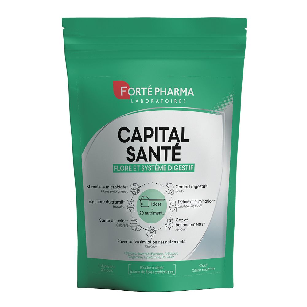 Sachet vert. Inscription: CAPITAL SANTÉ FLORE ET SYSTÈME DIGESTIF. Marque: FORTÉ PHARMA. Contient 20 nutriments. Texte en français.