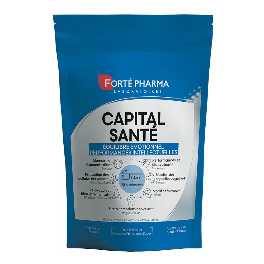Sachet bleu CAPITAL SANTE. Inscription EQUILIBRE EMOTIONNEL. Marque FORTE PHARMA. Contient 20 nutriments.