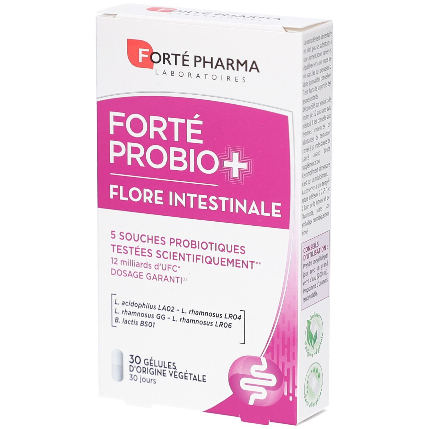 Boîte de FORTE PROBIO+ FLORE INTESTINALE. Carton blanc et rose. Contient 30 gélules d'origine végétale.