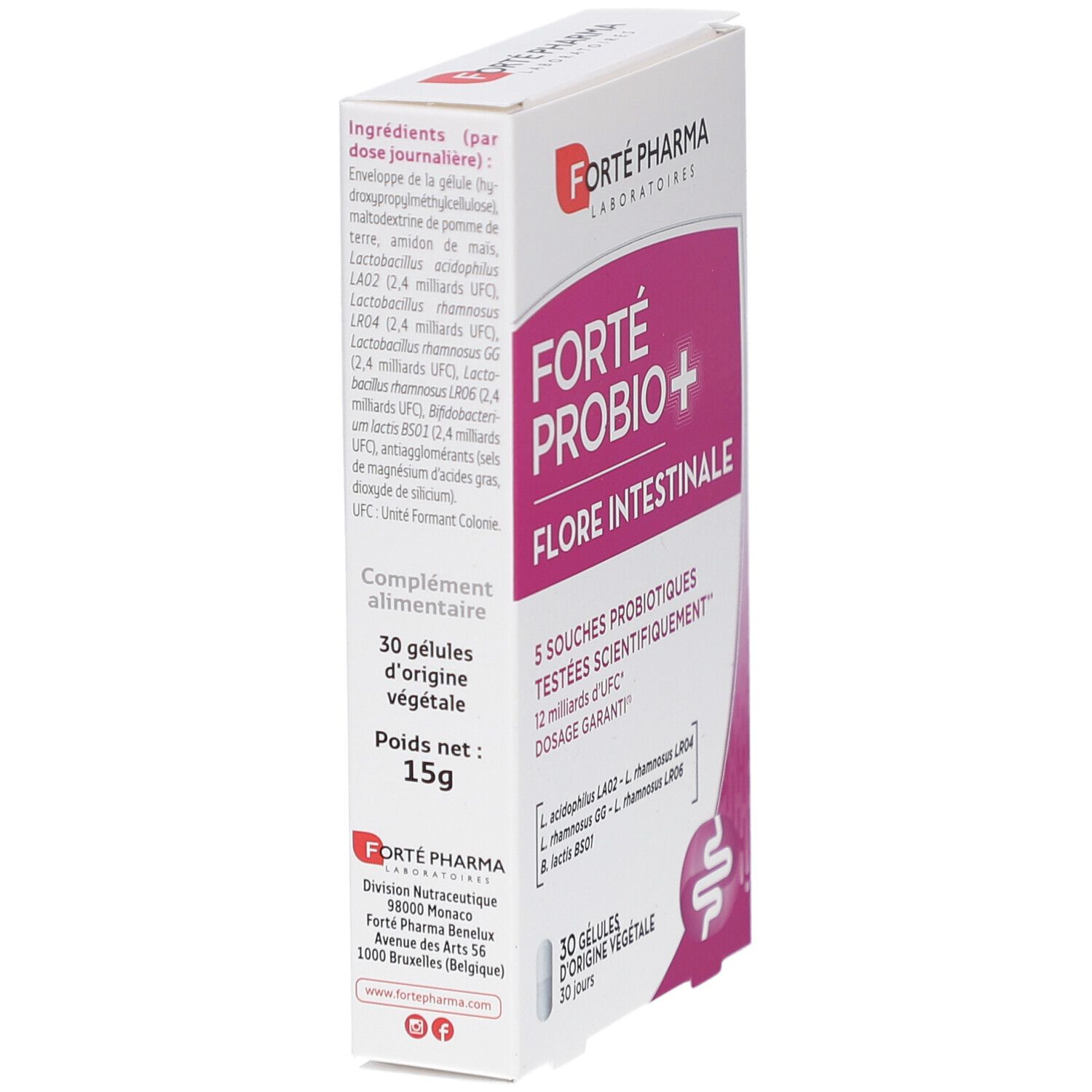 Boîte de FORTE PROBIO+ FLORE INTESTINALE. Contient 30 gélules. Ingrédients et informations nutritionnelles visibles.