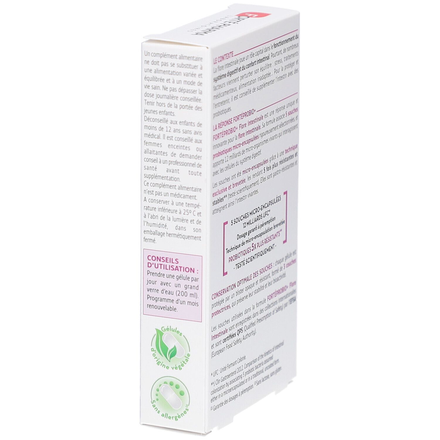 Vue latérale de la boîte de FORTE PROBIO+ FLORE INTESTINALE. Texte sur l'utilisation et les conseils.