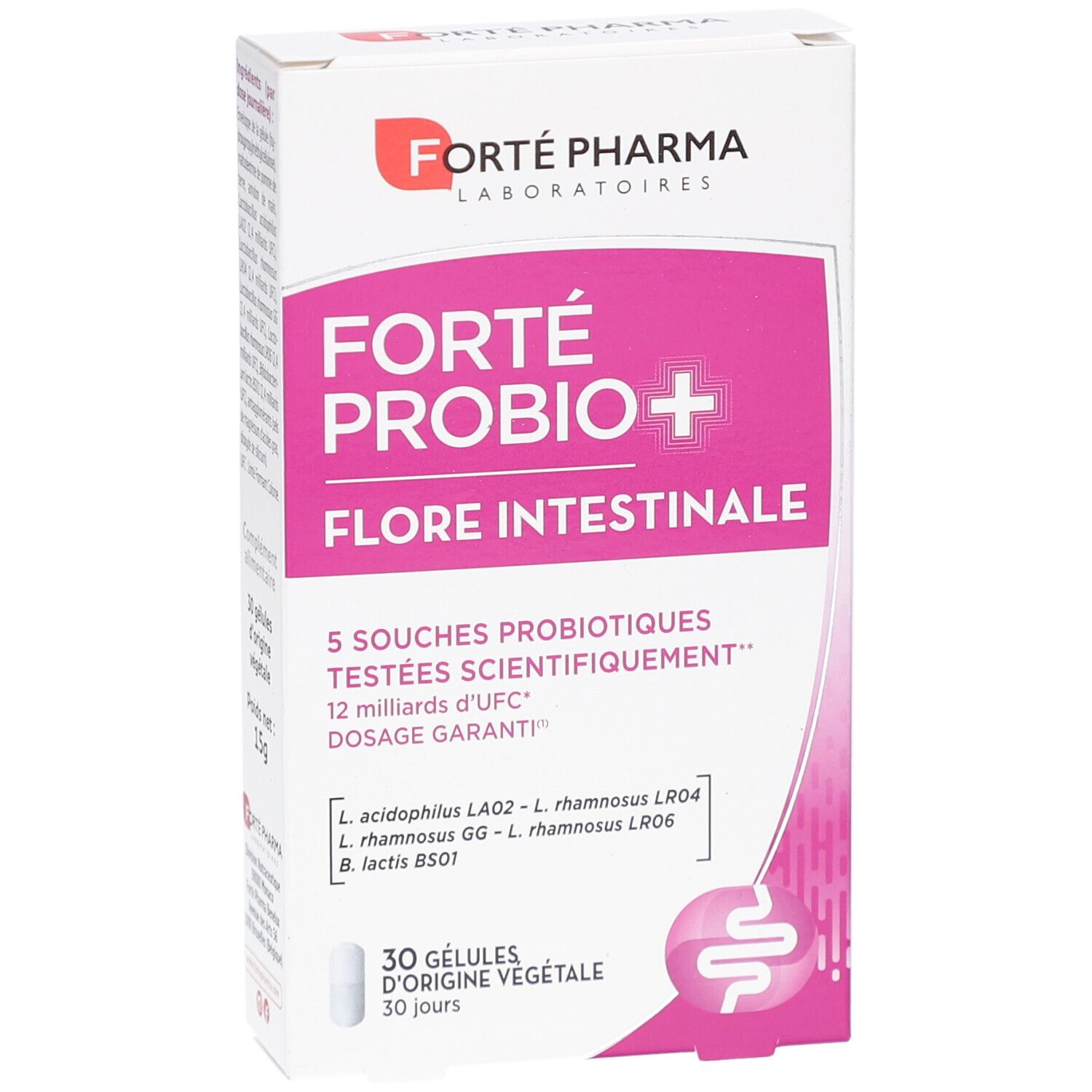 Face avant de la boîte de FORTE PROBIO+ FLORE INTESTINALE. Contient 30 gélules. Marque et nom du produit visibles.