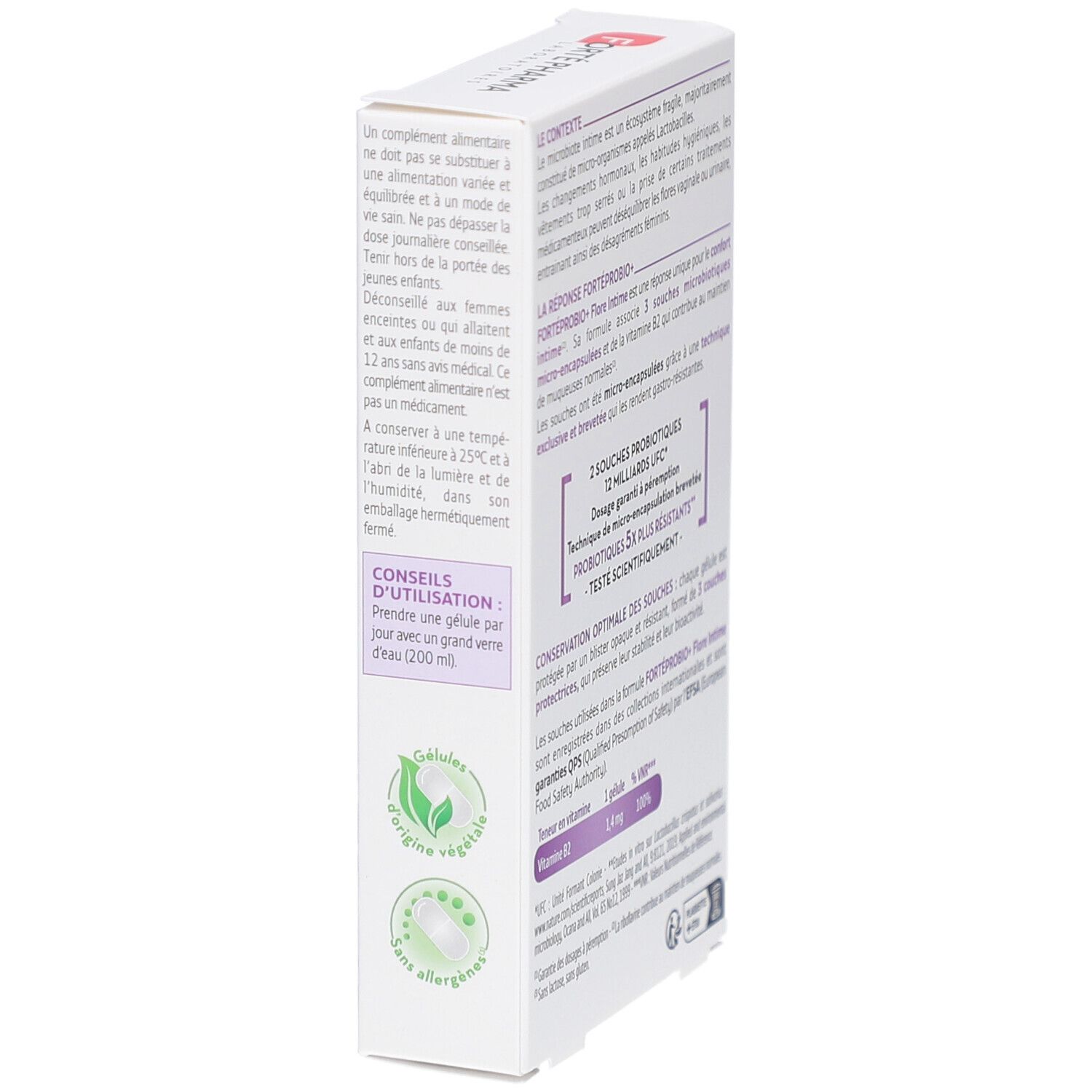Boîte FORTE PROBIO+ FLORE INTIME. Informations sur l'utilisation et le stockage. 15 gélules.