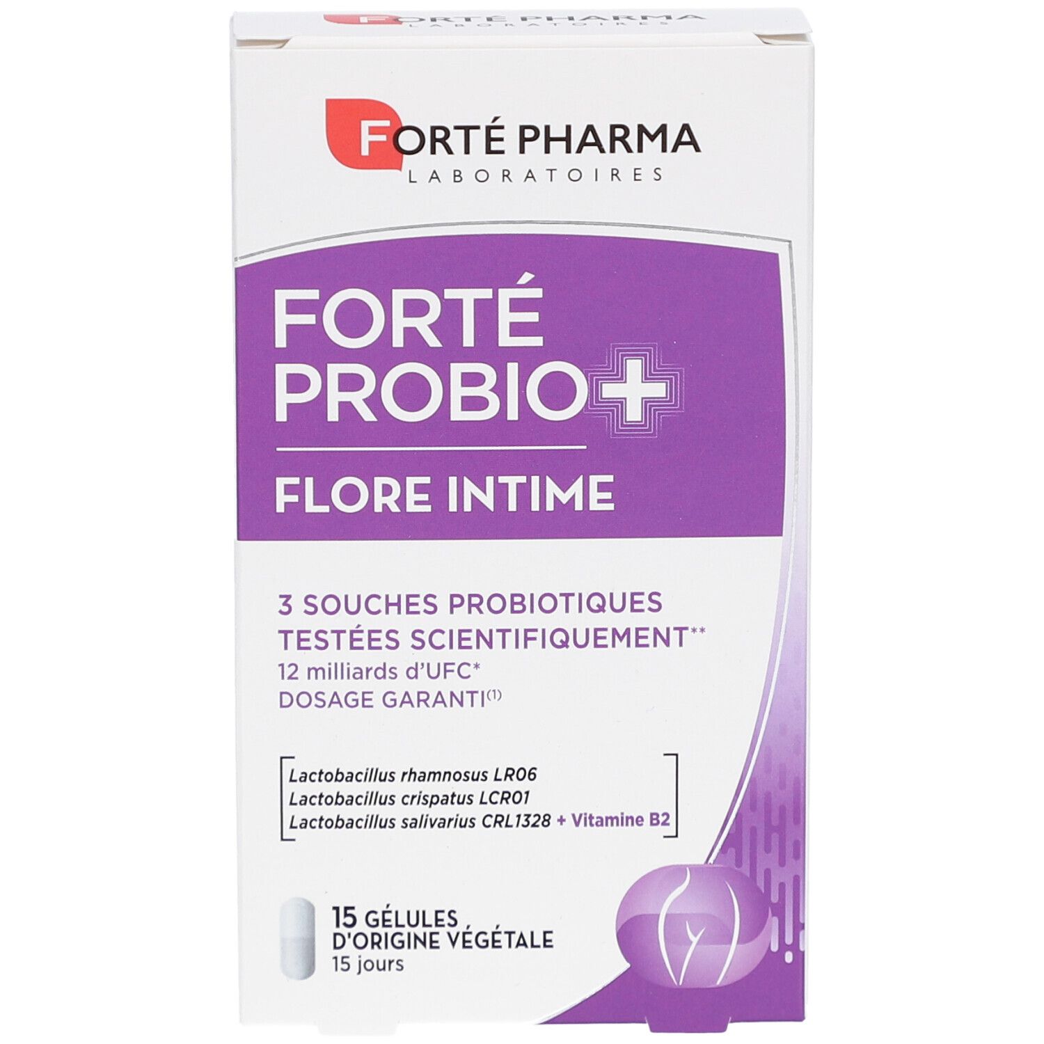 Vue de face de la boîte FORTE PROBIO+ FLORE INTIME. Emballage violet et blanc. 15 gélules. 3 souches probiotiques.