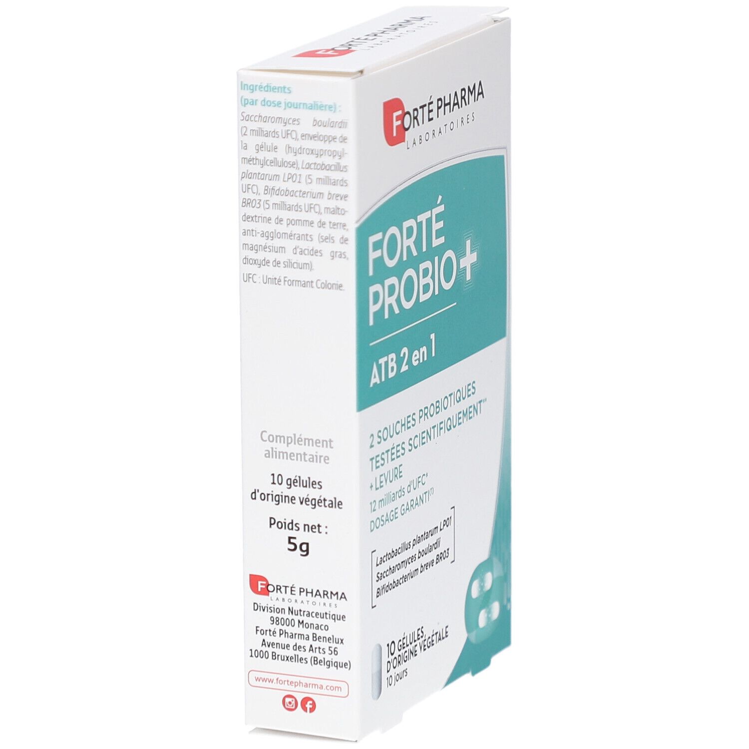 Boîte FORTE PROBIO+ ATB 2 en 1. Contient 10 gélules. Logo FORTE PHARMA LABORATORIES. Informations produit sur le côté.