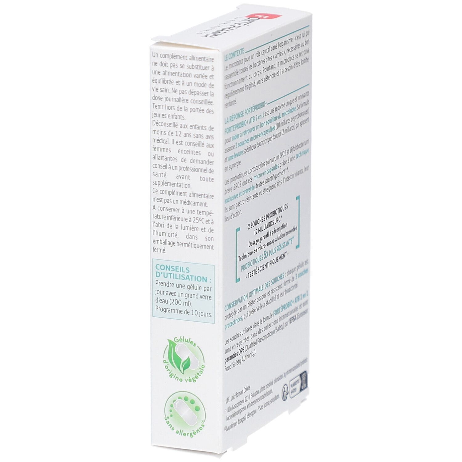 Côté de la boîte FORTE PROBIO+ ATB 2 en 1. Texte sur l'utilisation et les avertissements. Logo origine végétale.