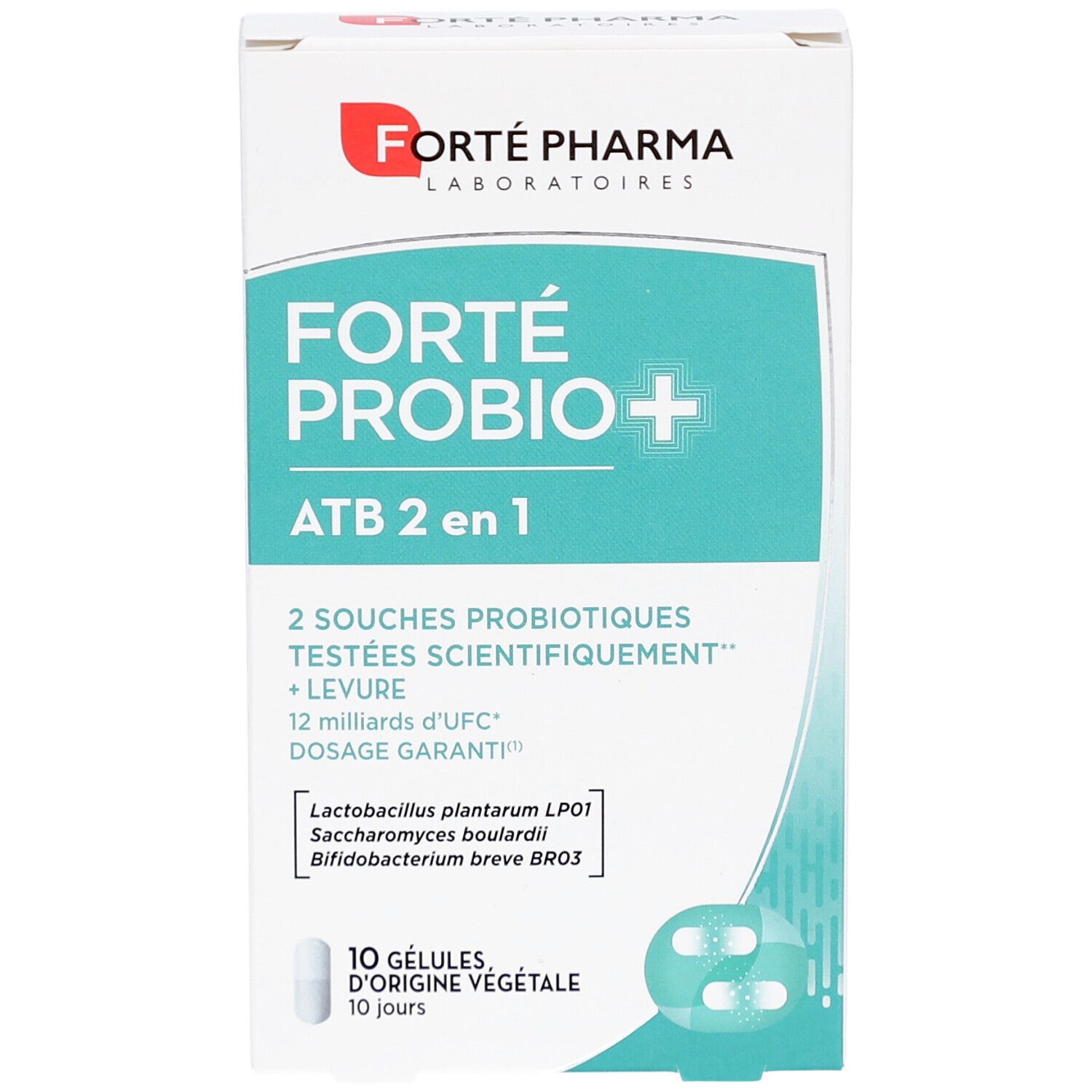 Boîte blanche FORTE PROBIO+ ATB 2 en 1. Contient 10 gélules. Logo FORTE PHARMA LABORATORIES. Blister de gélules.