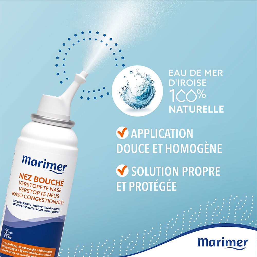Flacon de spray nasal avec brume. Marimer Nez Bouché. Application douce et homogène.