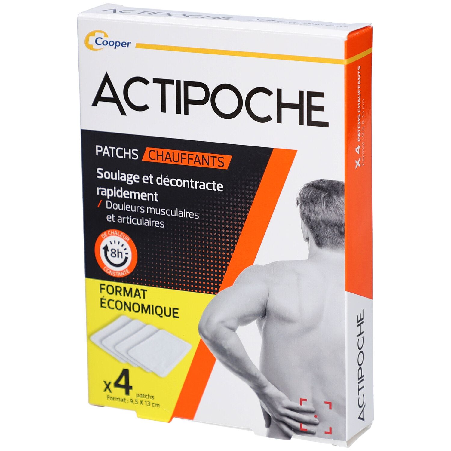 Boîte de patchs chauffants Actipoche. Contient 4 patchs. Texte: Soulage et décontracte rapidement. Format économique.