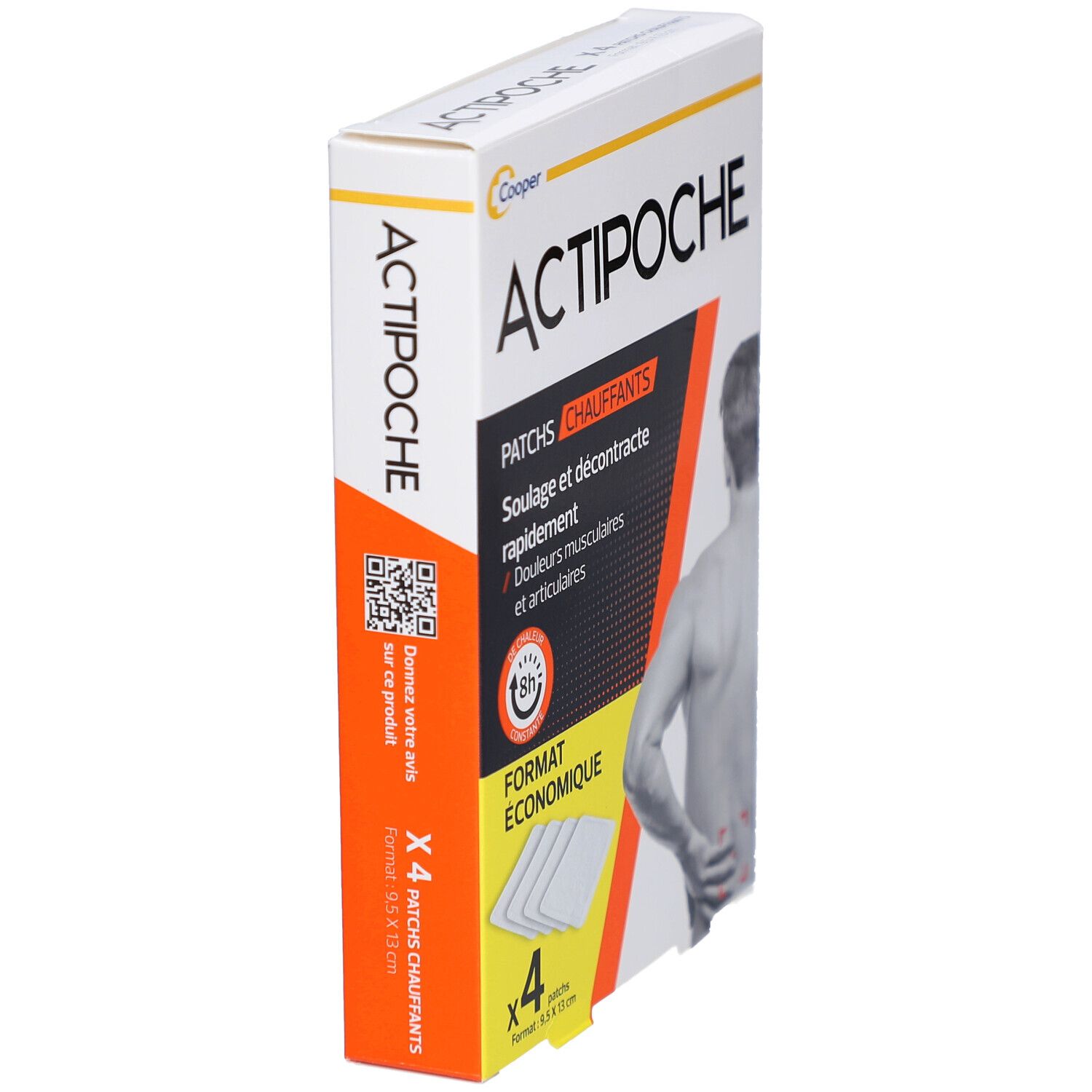 Vue en biais de la boîte Actipoche. Contient 4 patchs. Texte: Actipoche, Patchs Chauffants. Format économique. Code QR.