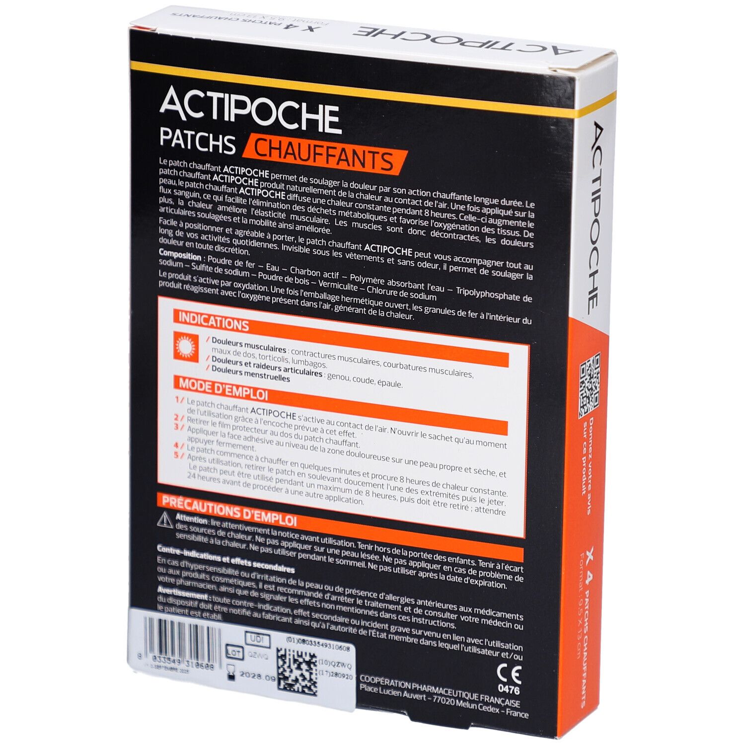 Dos de la boîte Actipoche. Texte: Patchs Chauffants. Indications, précautions. Marquage CE.