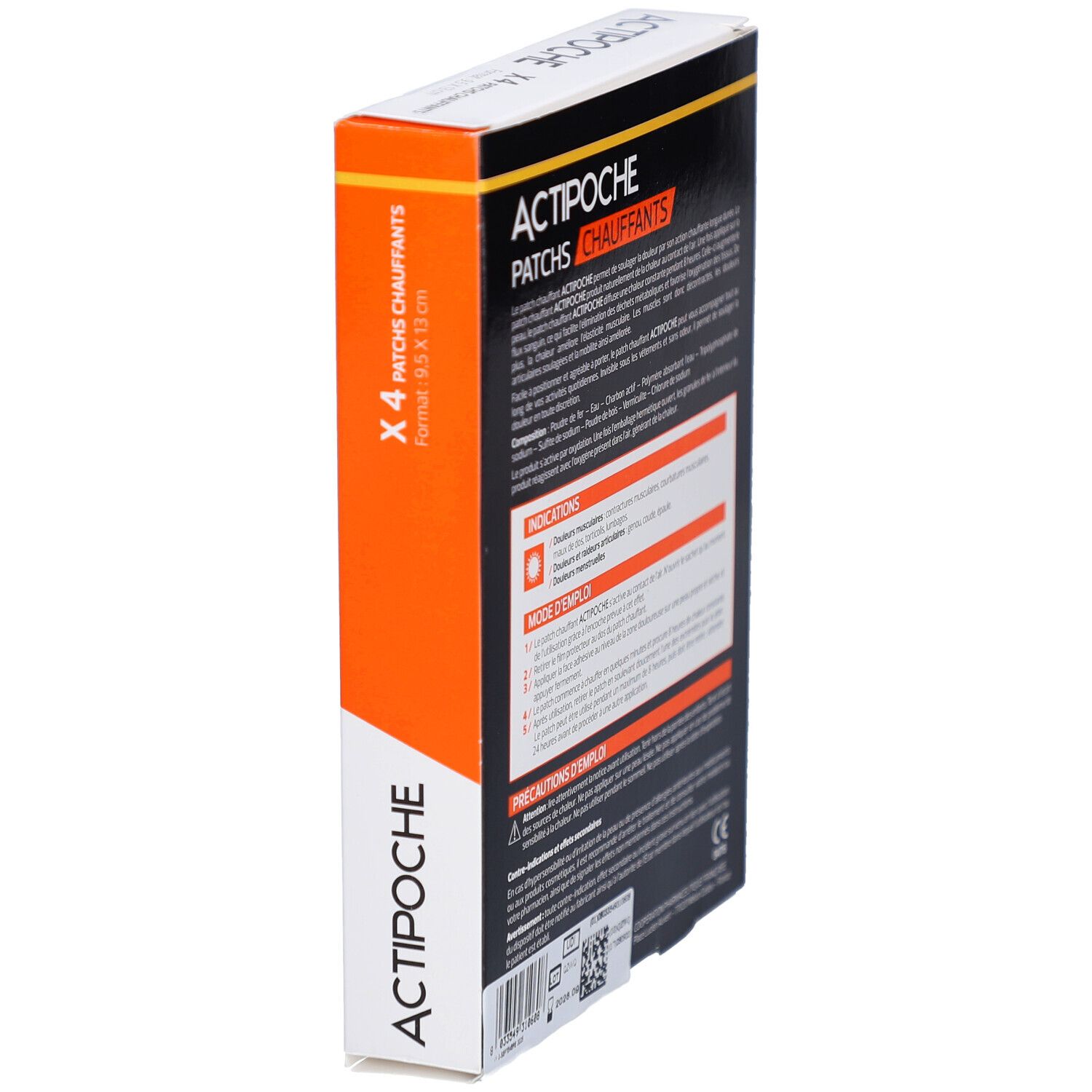 Vue en biais de la boîte Actipoche. Texte: Actipoche, Patchs Chauffants. Indications, précautions.
