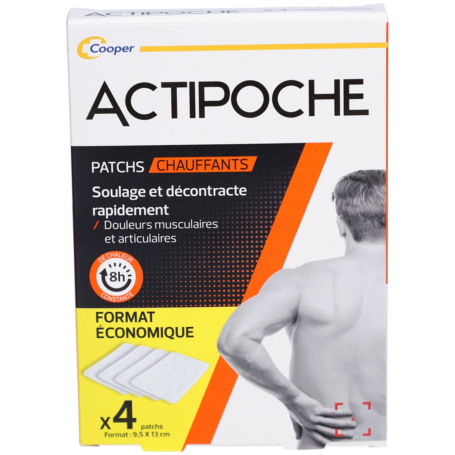 Boîte de patchs chauffants Actipoche. Contient 4 patchs. Texte: Soulage et décontracte rapidement. Format économique.
