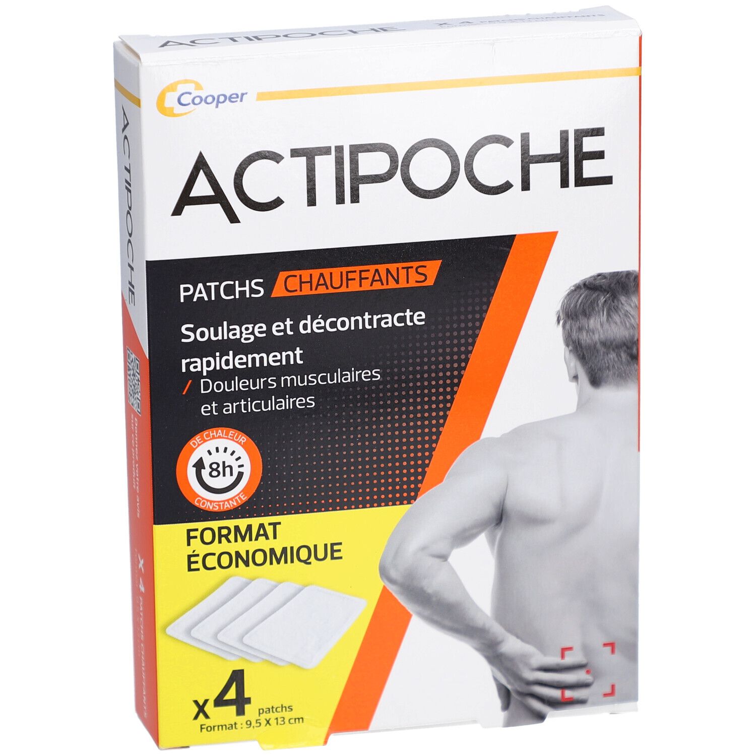 Boîte de patchs chauffants Actipoche. Contient 4 patchs. Texte: Soulage et décontracte rapidement. Format économique.