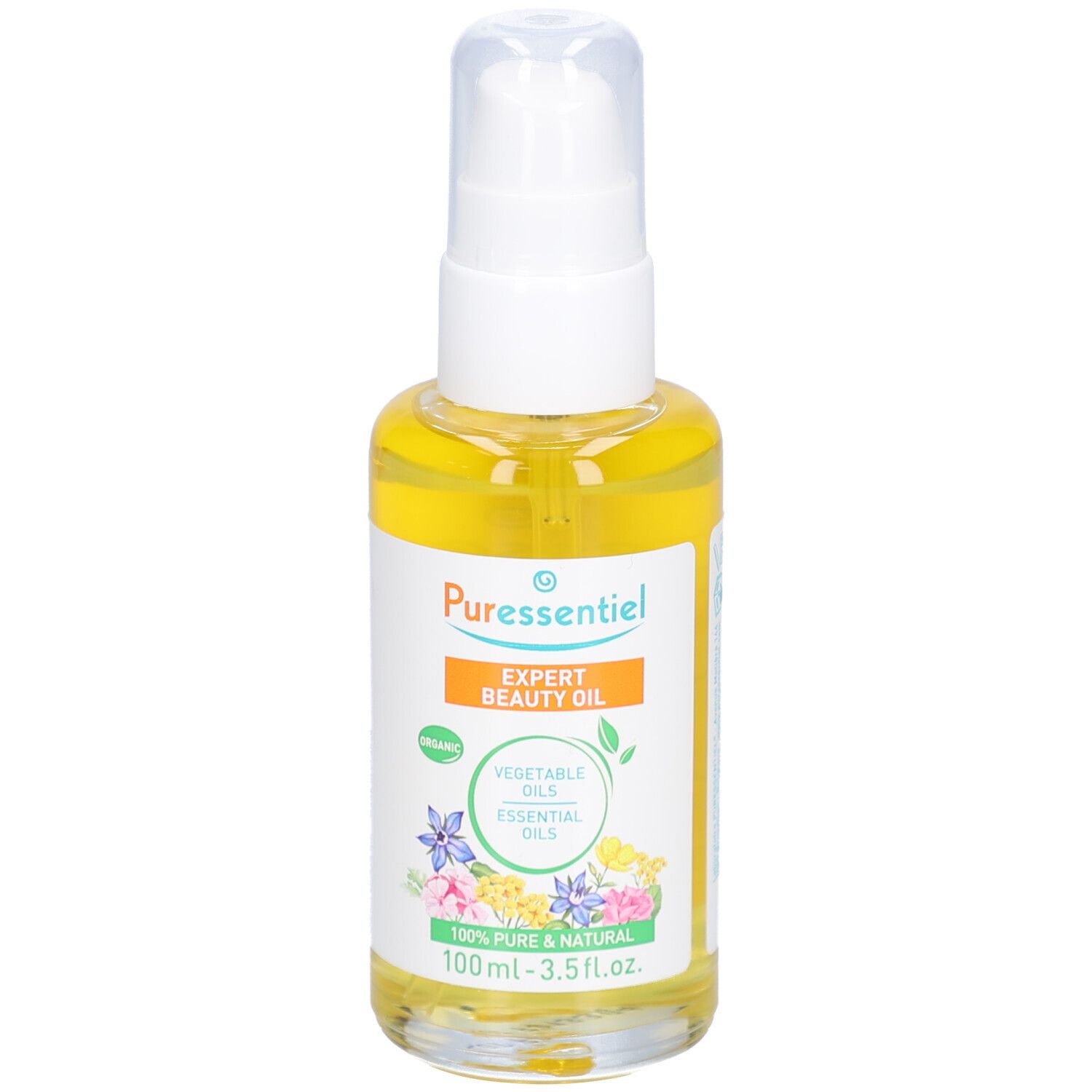 Flacon en verre transparent avec liquide jaunâtre et pompe blanche. Étiquette avec texte et motifs floraux.