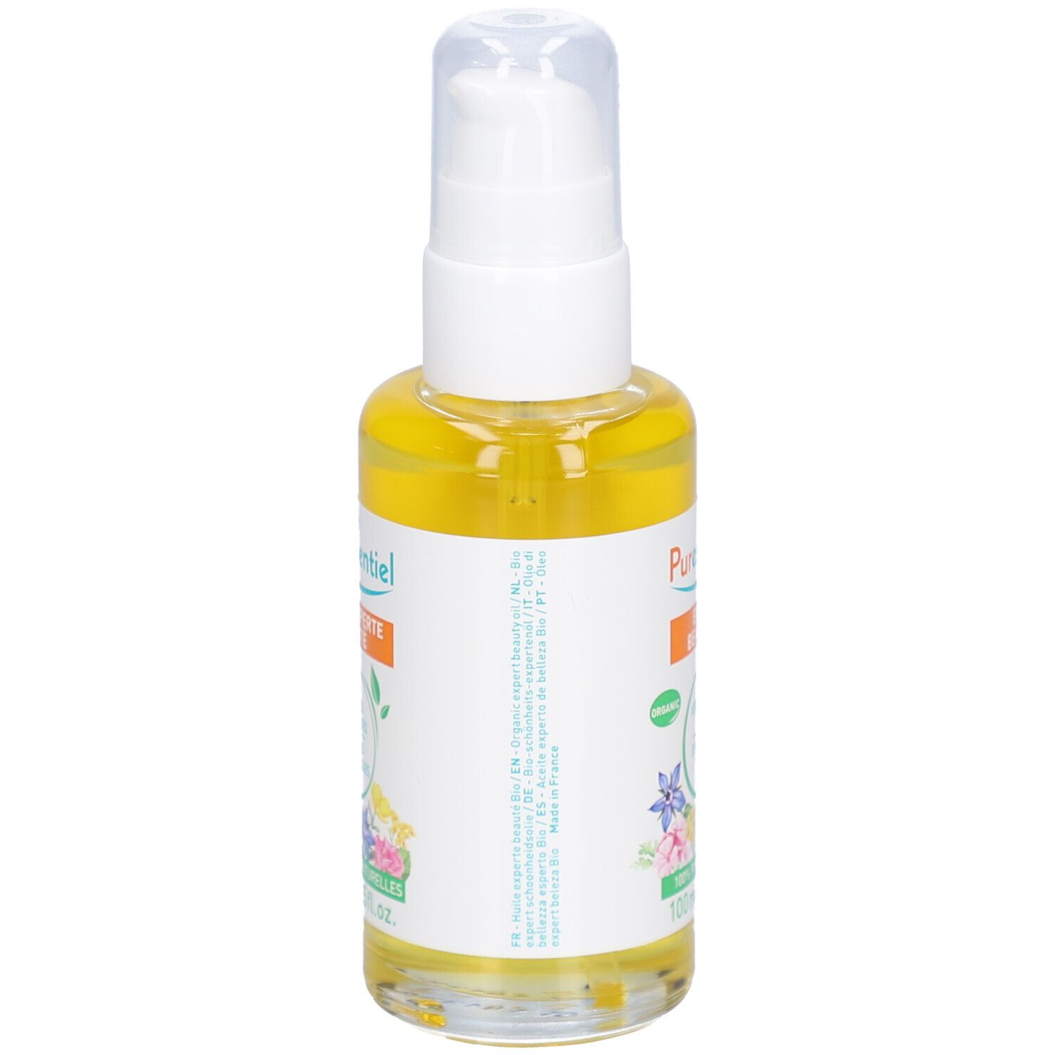 Flacon en verre avec liquide jaunâtre et pompe blanche. Étiquette avec texte, motifs floraux et label bio.