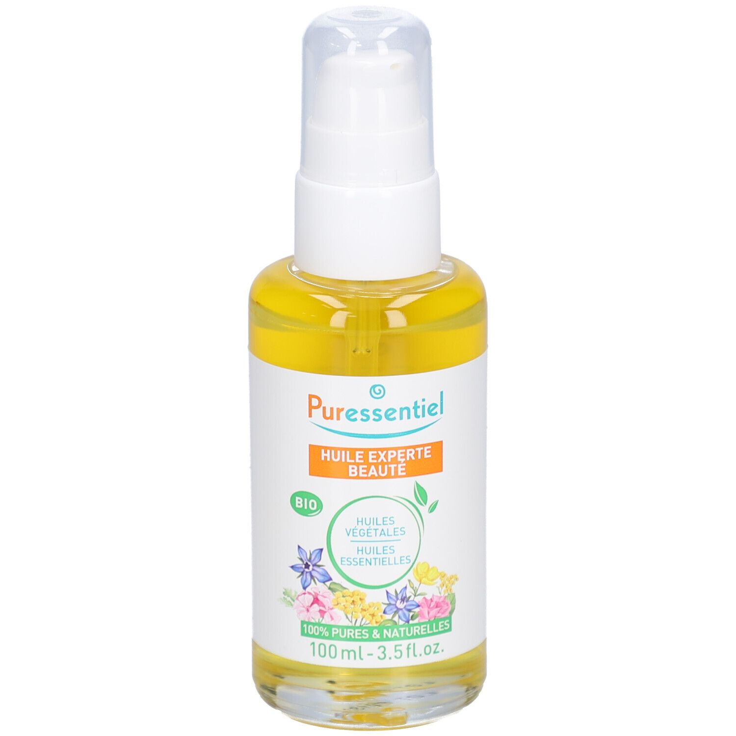 Flacon en verre avec liquide jaunâtre et pompe blanche. Étiquette avec texte, motifs floraux et label bio.