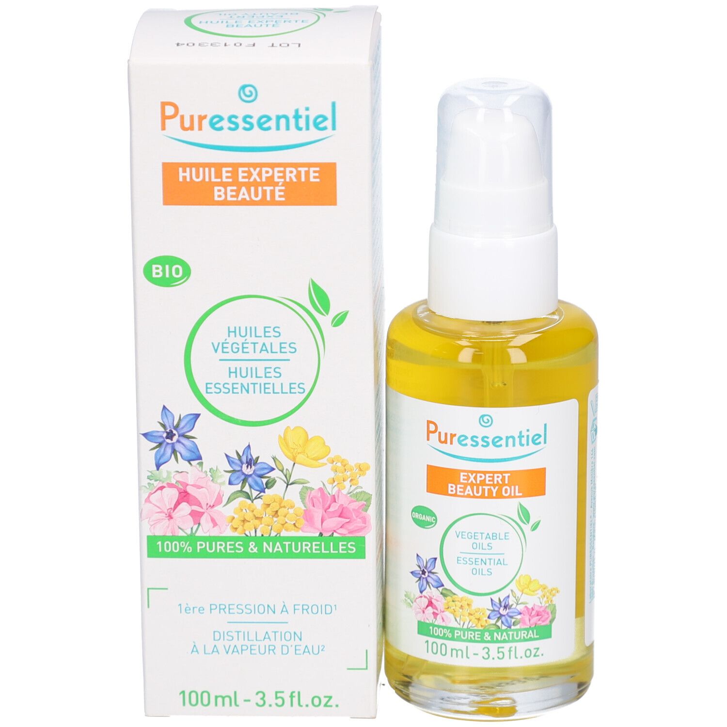 Flacon et emballage en carton. Flacon avec liquide jaunâtre et pompe blanche. Texte et logo.